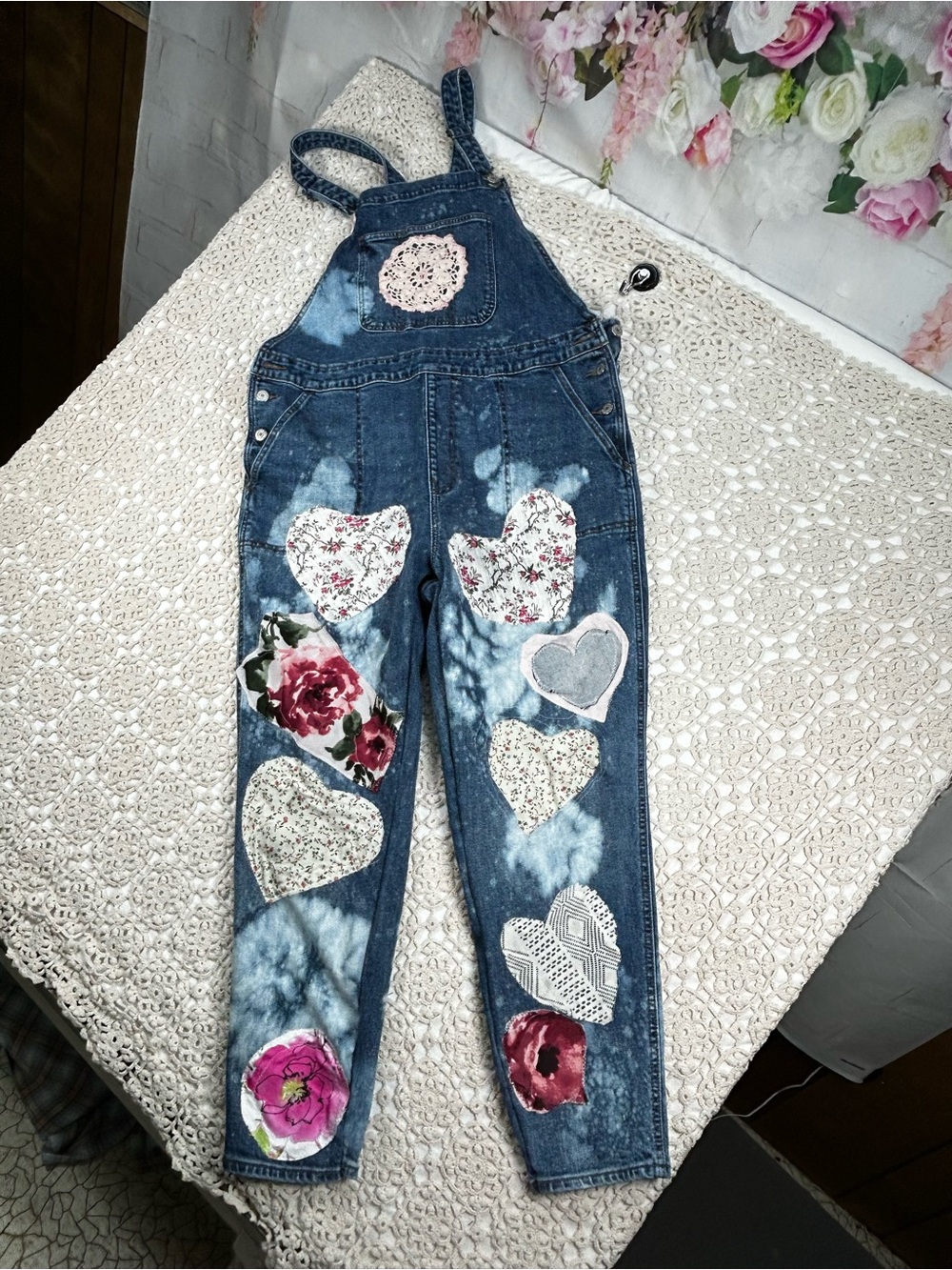 Overall Floral Boho Denim Old Navy Size 18  (Fits size L/ XL women’s)  Upcycle